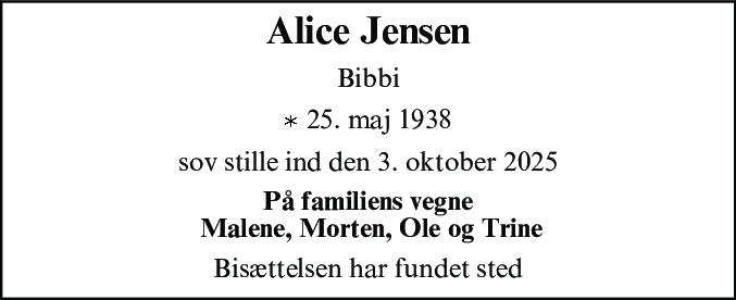 Dødsannonce for Ingeborg Alice Jensen