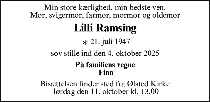 Dødsannonce for Lilli Ramsing