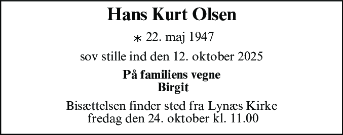 Dødsannonce for Hans Kurt Olsen