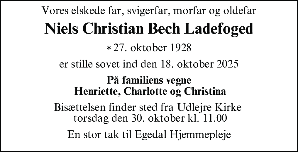 Dødsannonce for Niels Christian Bech Ladefoged
