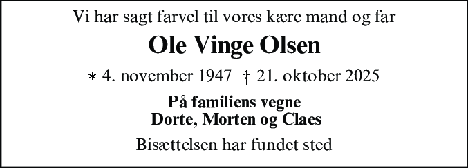 Dødsannonce for Ole Vinge Olsen