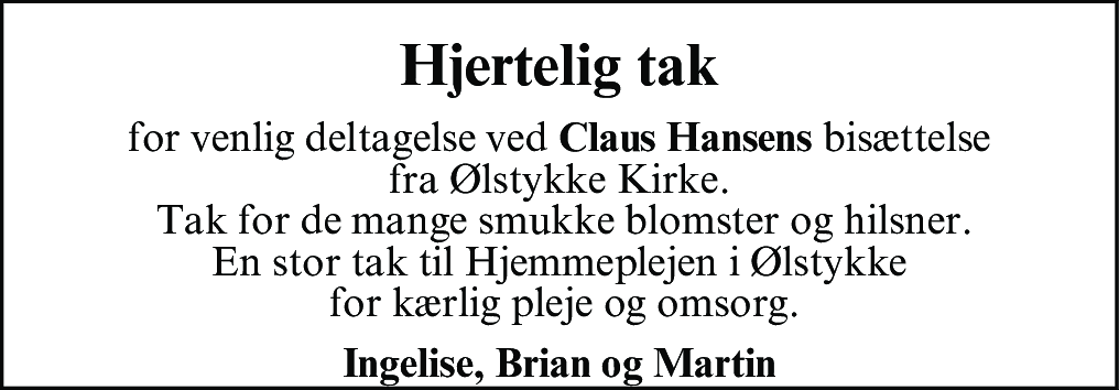 Dødsannonce for Claus Hansen