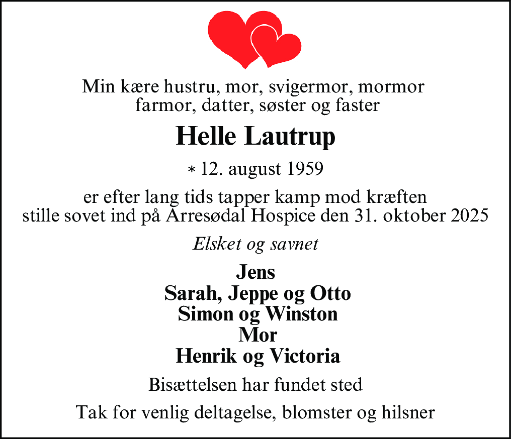 Dødsannonce for Helle Lautrup