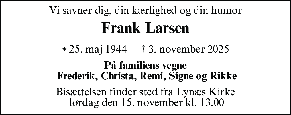 Dødsannonce for Frank Larsen