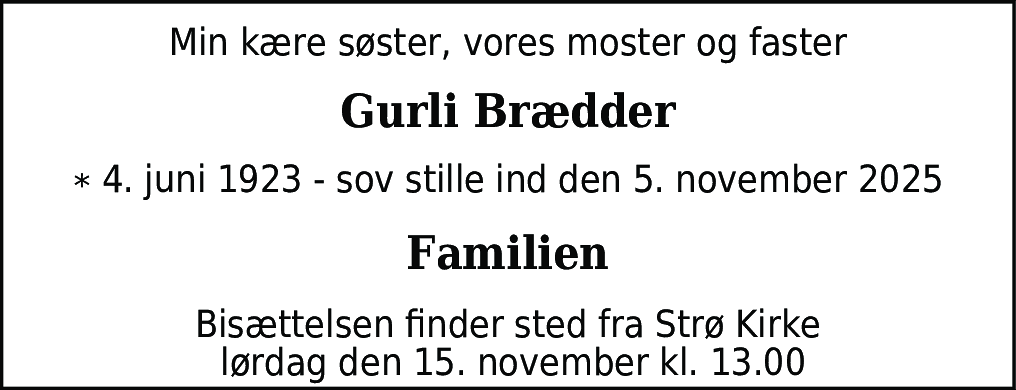 Dødsannonce for Gurli Brædder