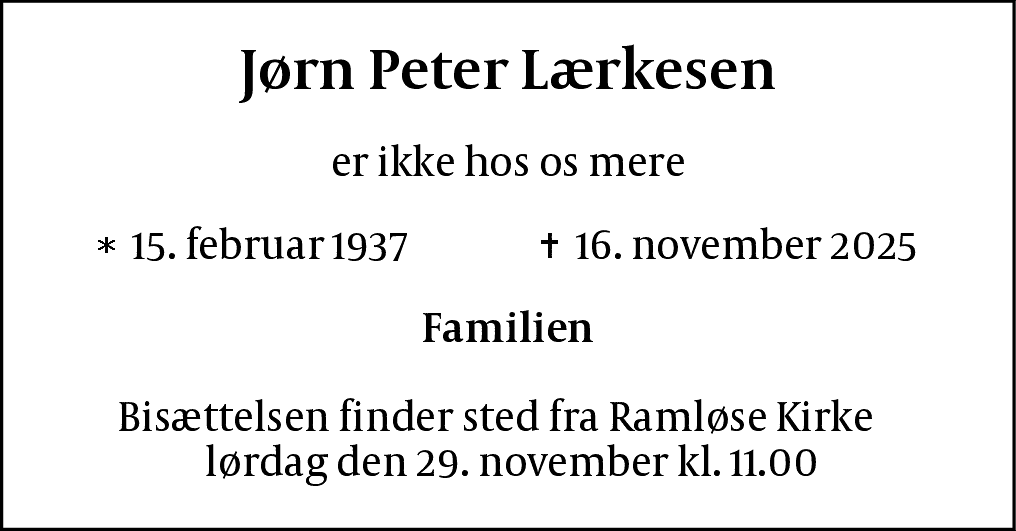 Dødsannonce for Jørn Peter Lærkesen