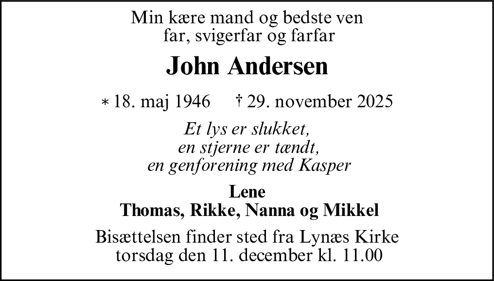 Dødsannonce for John Andersen