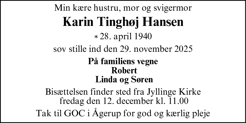 Dødsannonce for Karin Tinghøj Hansen