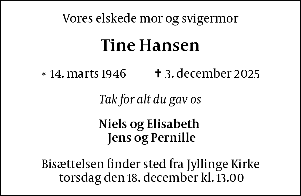 Dødsannonce for Tine Hansen