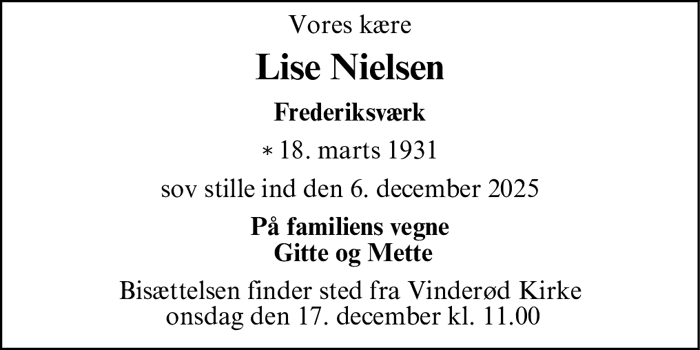 Dødsannonce for Lise (Elisabeth Benedikte) Nielsen