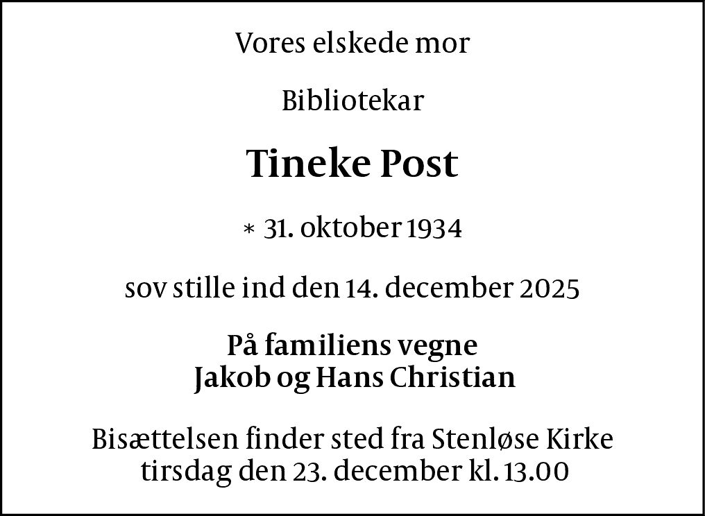 Dødsannonce for Hansine Elisabeth Dorthea Post