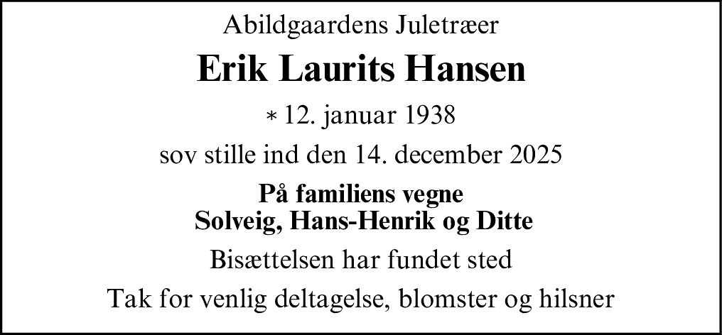 Dødsannonce for Erik Laurits Hansen