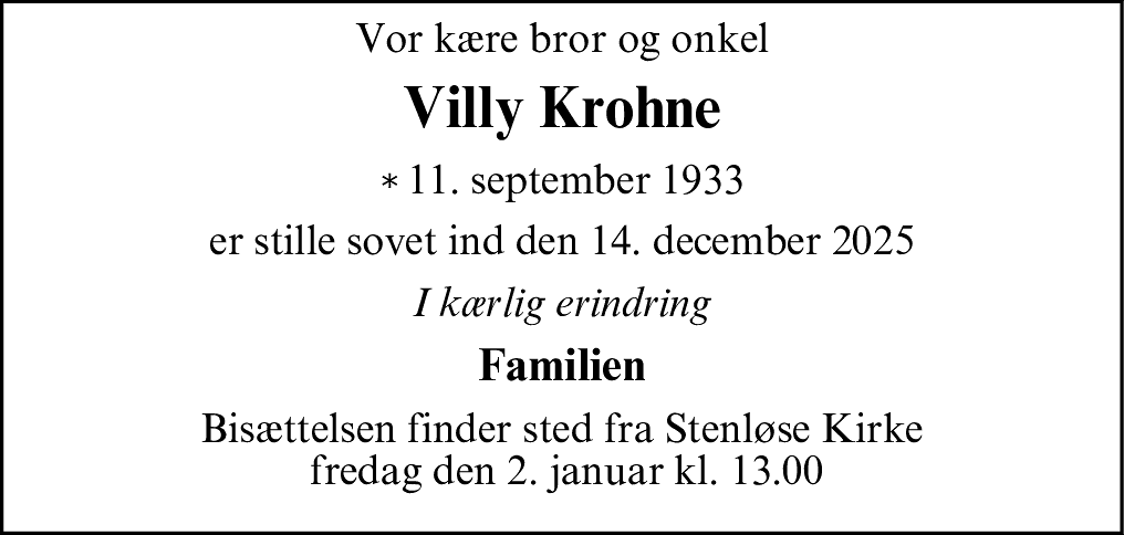 Dødsannonce for Villy Laurits Krohne