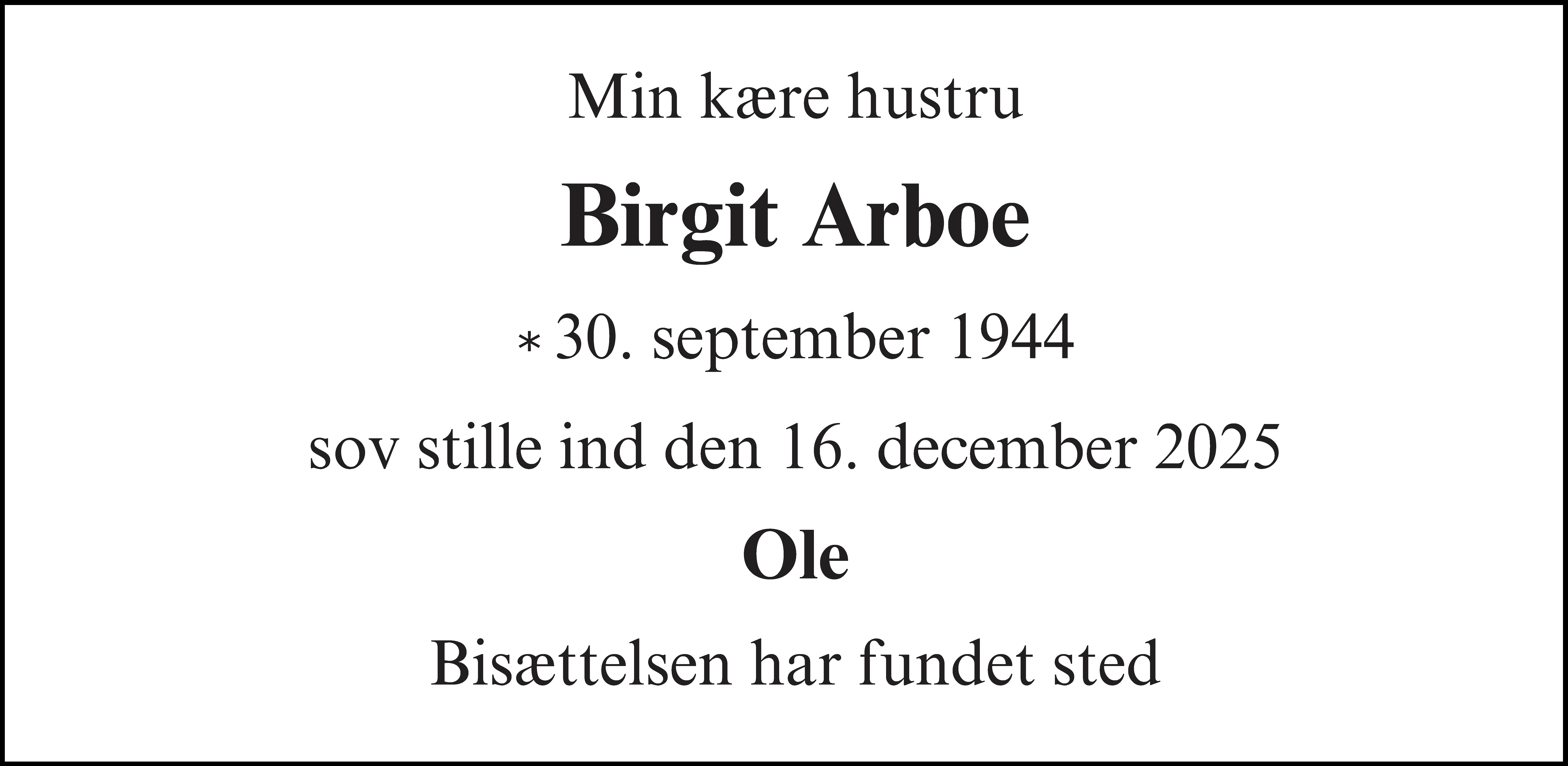 Dødsannonce for Birgit Elisabeth Arboe