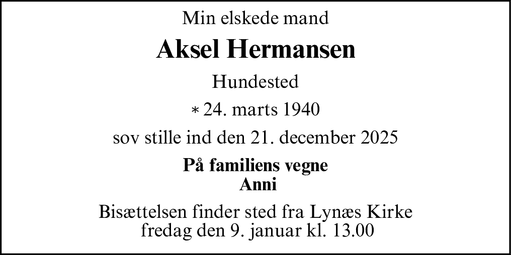 Dødsannonce for Aksel Hermansen
