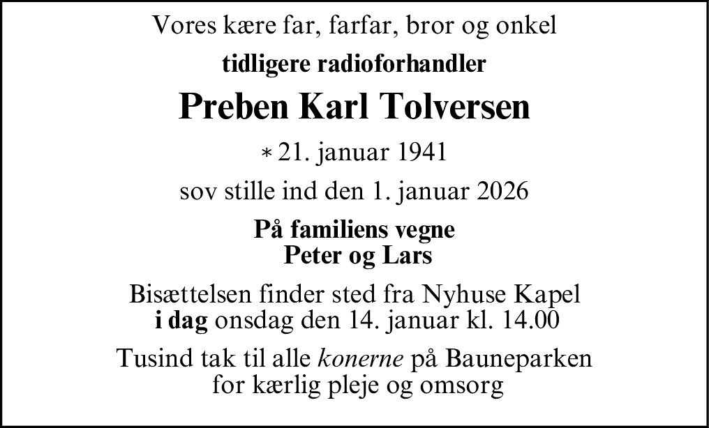 Dødsannonce for Preben Karl Tolversen