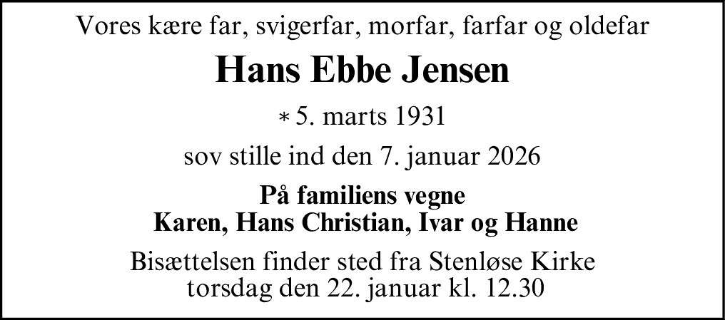 Dødsannonce for Hans Ebbe Jensen