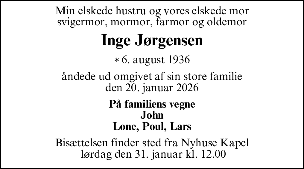 Dødsannonce for Inge Birthe Jørgensen