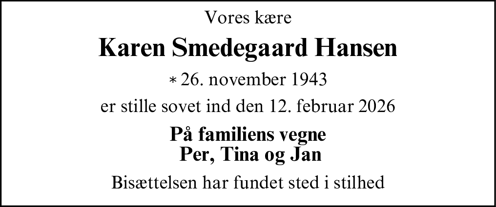 Dødsannonce for Karen Smedegaard Hansen