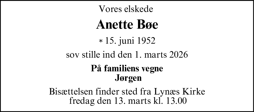 Dødsannonce for Anette Bøe