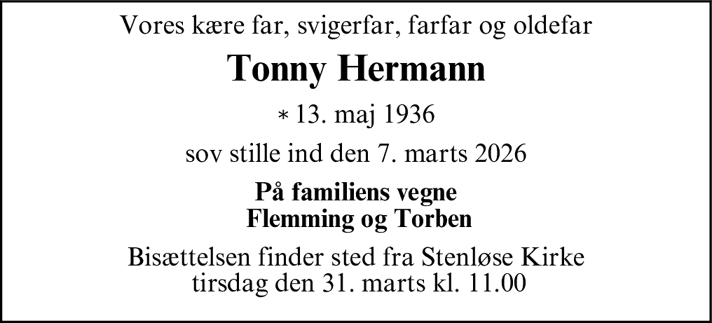 Dødsannonce for Tonny Hermann