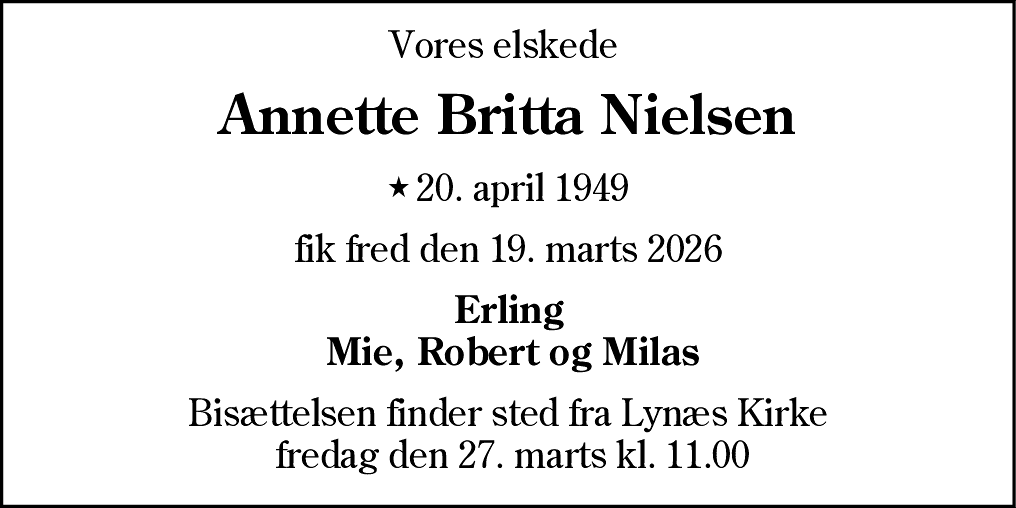 Dødsannonce for Annette Britta Nielsen