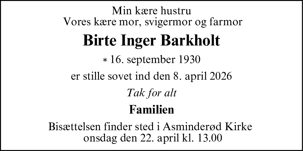Dødsannonce for Birte Inger Barkholt