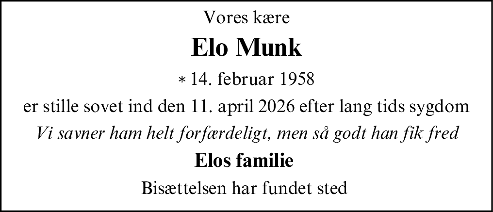 Dødsannonce for Elo Munk