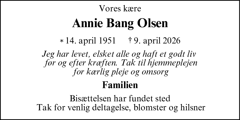 Dødsannonce for Annie Bang Olsen
