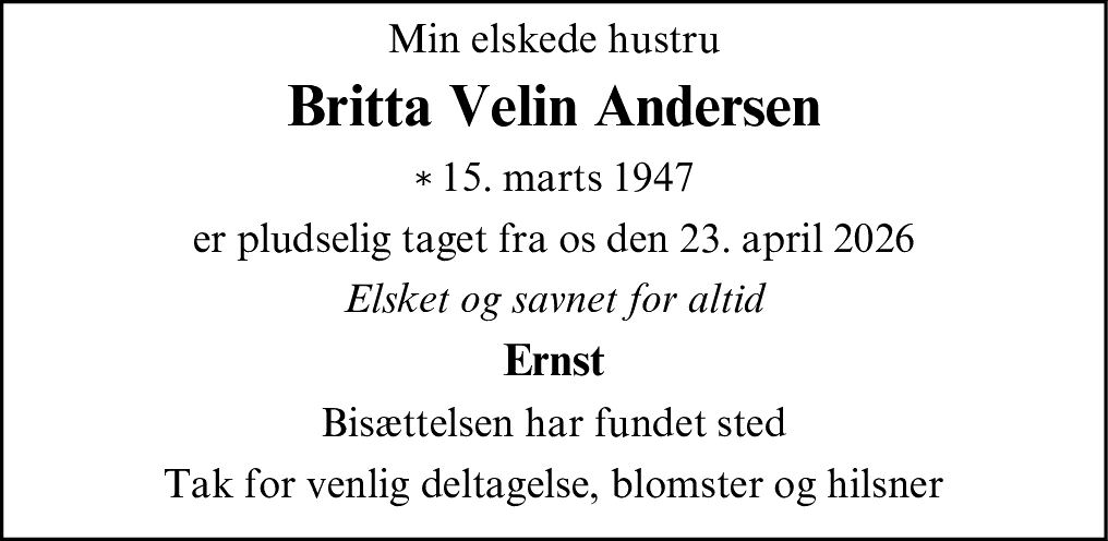 Dødsannonce for Britta Velin Andersen