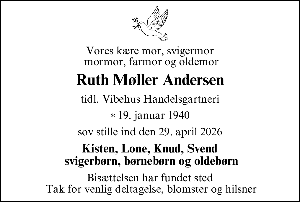 Dødsannonce for Ruth Møller Andersen