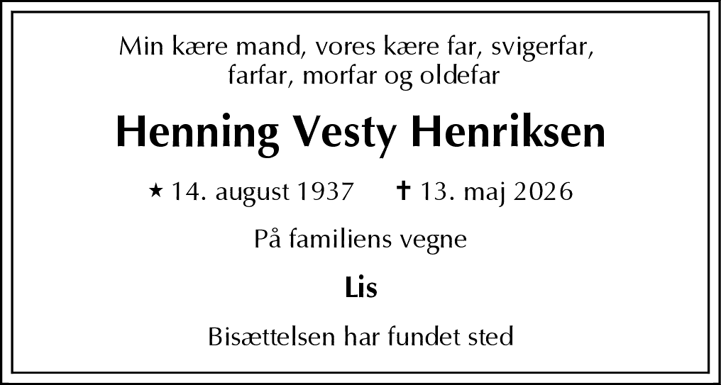 Dødsannonce for Henning Vesty Henriksen