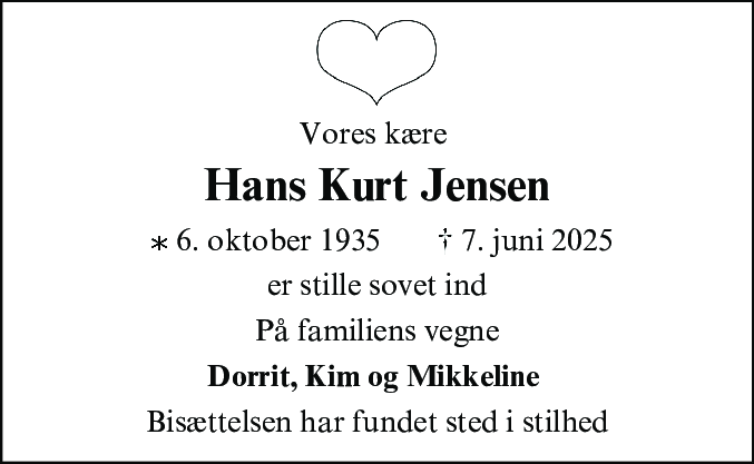 Dødsannonce for Hans Kurt Jensen