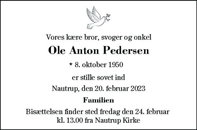 Dødsannonce for Ole Anton Pedersen