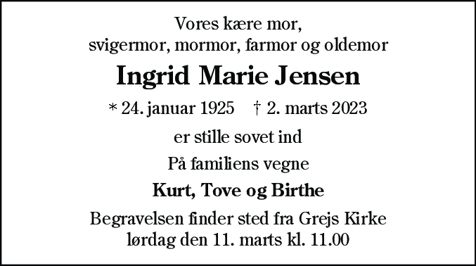 Dødsannonce for Ingrid Marie Jensen