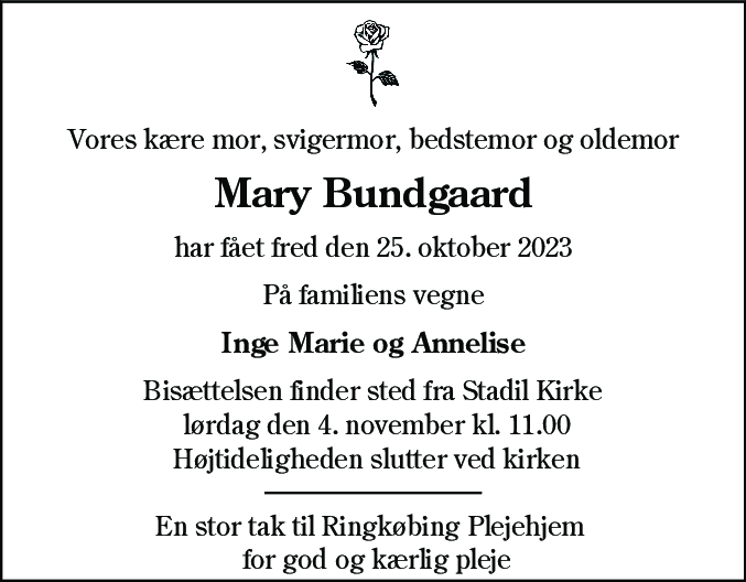 Dødsannonce for Mary Bundgaard