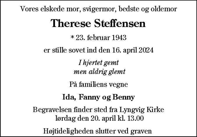 Dødsannonce for Therese Steffensen