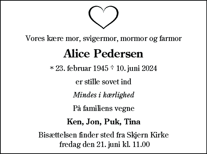 Dødsannonce for Alice Pedersen