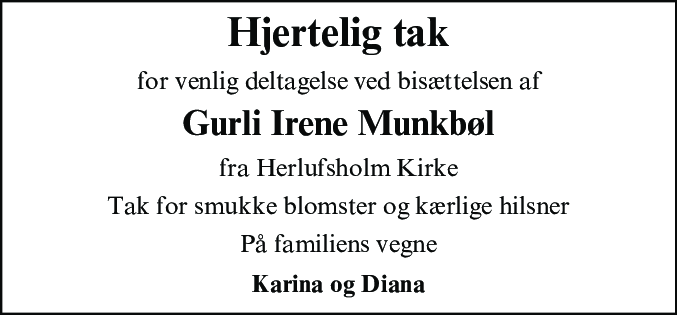 Dødsannonce for Gurli Irene Munkbøl