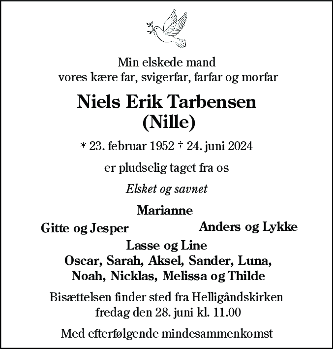 Dødsannonce for Niels Erik Tarbensen