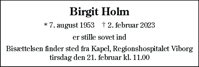 Dødsannonce for Birgit Holm