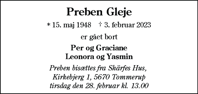 Dødsannonce for Preben Gleje