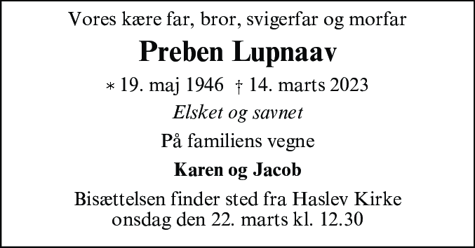 Dødsannonce for Preben Lupnaav