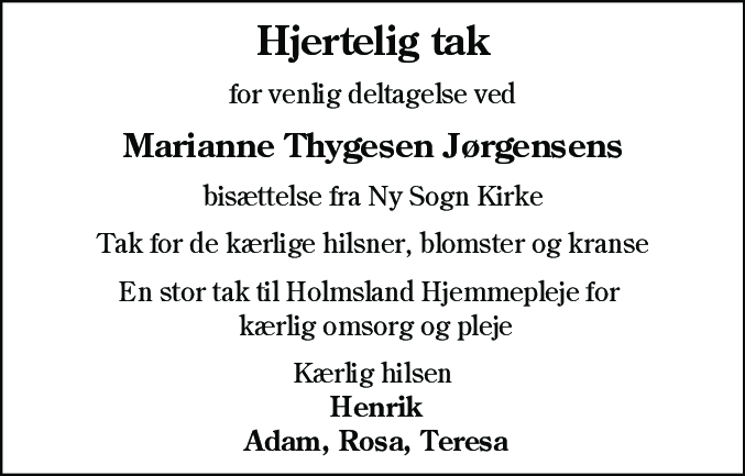 Dødsannonce for Marianne Thygesen Jørgensen