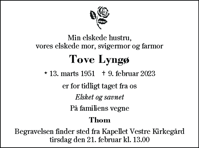 Dødsannonce for Tove Lyngø
