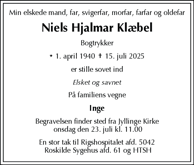 Dødsannonce for Niels Hjalmar Klæbel