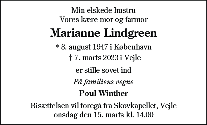 Dødsannonce for Marianne Lindgreen