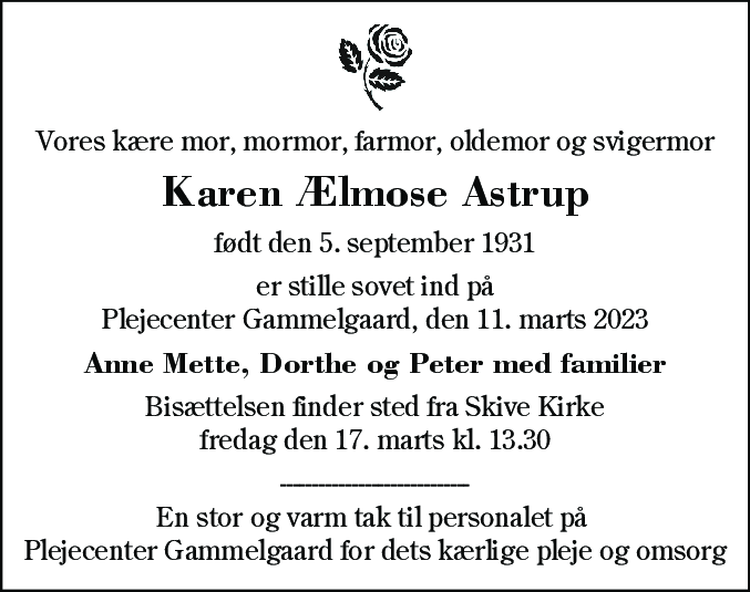 Dødsannonce for Karen Ælmose Astrup
