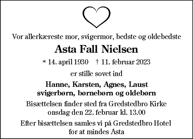 Dødsannonce for Asta Fall Nielsen