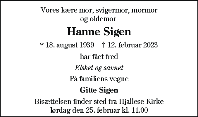 Dødsannonce for Hanne Sigen
